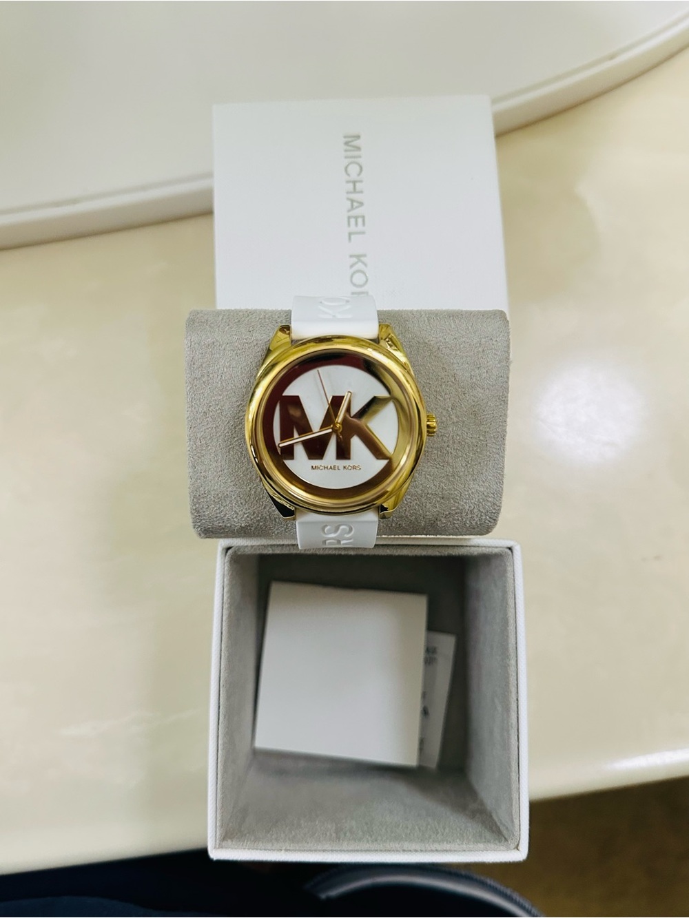 Michael Kors White Silicone Strap Watch with Gold Case and Brown MK Logo